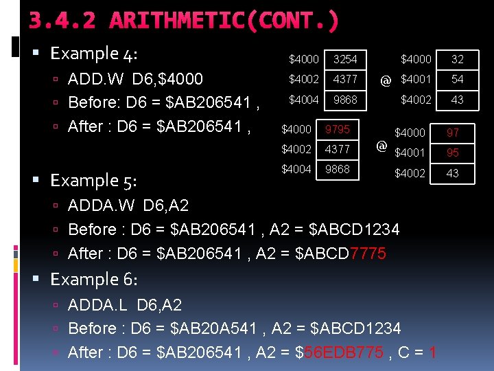 3. 4. 2 ARITHMETIC(CONT. ) Example 4: $4000 3254 $4000 32 ADD. W D 3. 4. 2 ARITHMETIC(CONT. ) Example 4: $4000 3254 $4000 32 ADD. W D