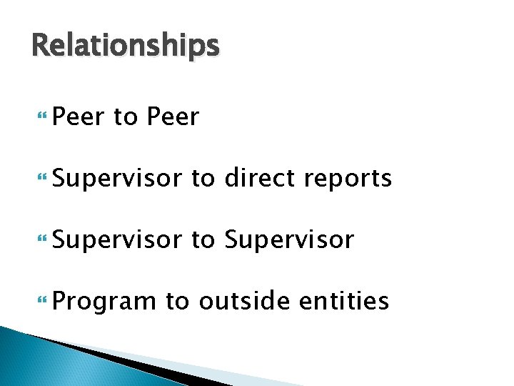 Relationships Peer to Peer Supervisor to direct reports Supervisor to Supervisor Program to outside