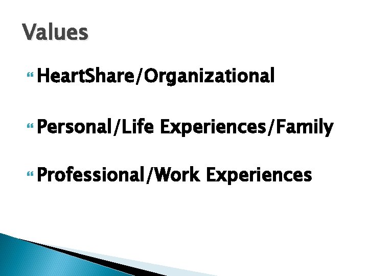 Values Heart. Share/Organizational Personal/Life Experiences/Family Professional/Work Experiences 