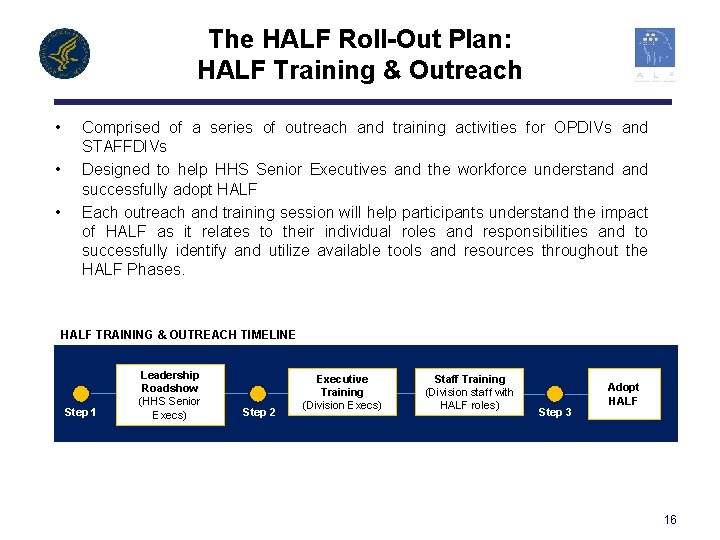 The HALF Roll-Out Plan: HALF Training & Outreach • • • Comprised of a
