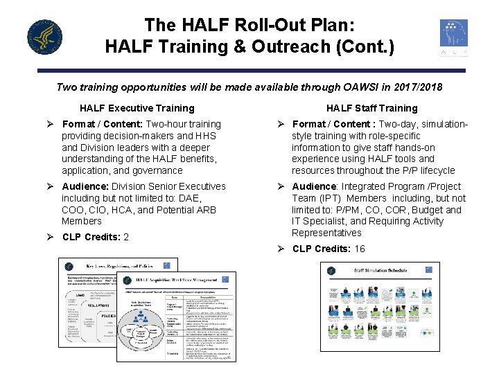 The HALF Roll-Out Plan: HALF Training & Outreach (Cont. ) Two training opportunities will