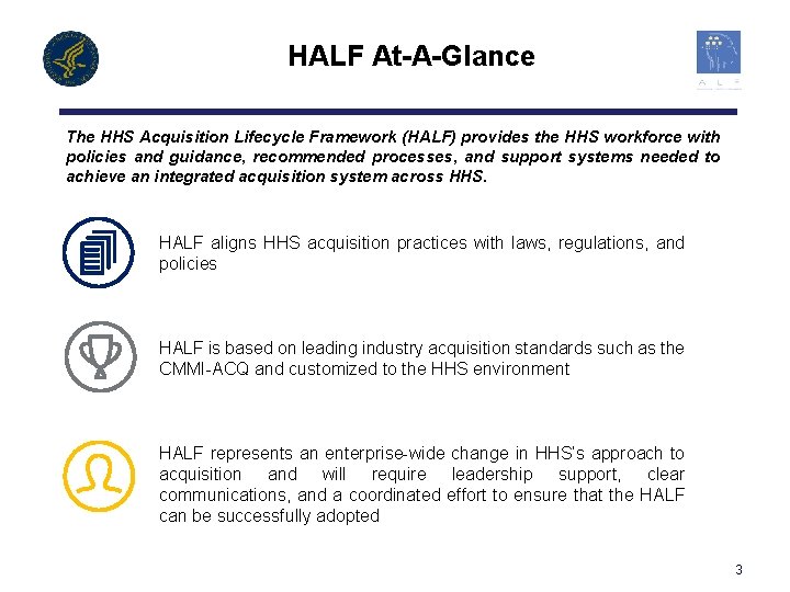 HALF At-A-Glance The HHS Acquisition Lifecycle Framework (HALF) provides the HHS workforce with policies