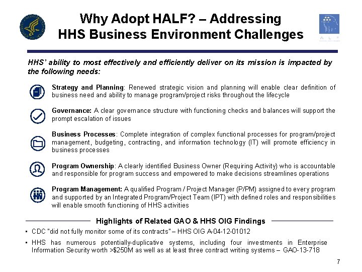 Why Adopt HALF? – Addressing HHS Business Environment Challenges HHS’ ability to most effectively