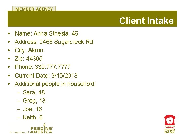 Client Intake • • Name: Anna Sthesia, 46 Address: 2468 Sugarcreek Rd City: Akron