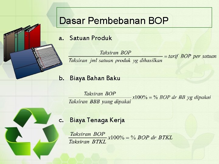 Dasar Pembebanan BOP a. Satuan Produk b. Biaya Bahan Baku c. Biaya Tenaga Kerja