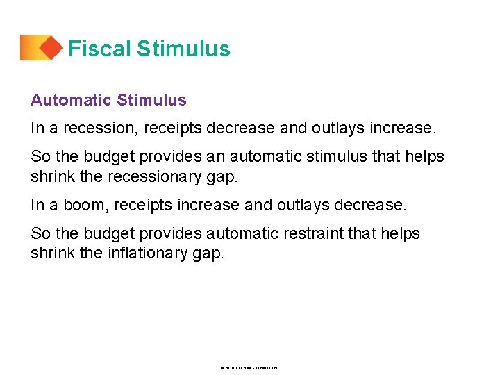 Fiscal Stimulus Automatic Stimulus In a recession, receipts decrease and outlays increase. So the