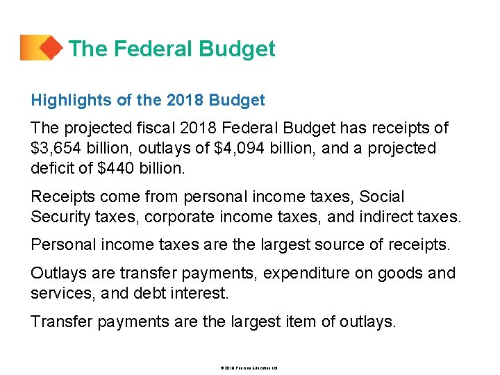The Federal Budget Highlights of the 2018 Budget The projected fiscal 2018 Federal Budget