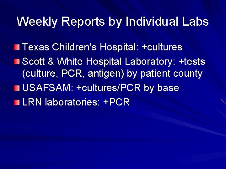 Weekly Reports by Individual Labs Texas Children’s Hospital: +cultures Scott & White Hospital Laboratory: