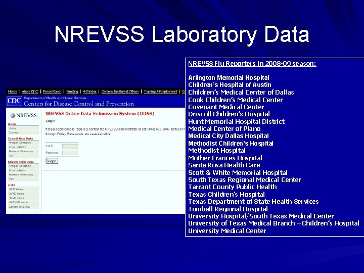 NREVSS Laboratory Data NREVSS Flu Reporters in 2008 -09 season: Arlington Memorial Hospital Children’s