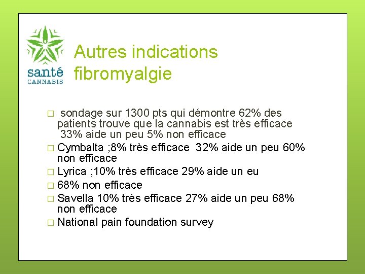 Autres indications fibromyalgie � sondage sur 1300 pts qui démontre 62% des patients trouve