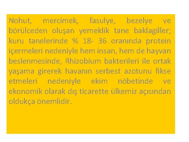 Nohut, mercimek, fasulye, bezelye ve börülceden oluşan yemeklik tane baklagiller; kuru tanelerinde % 18