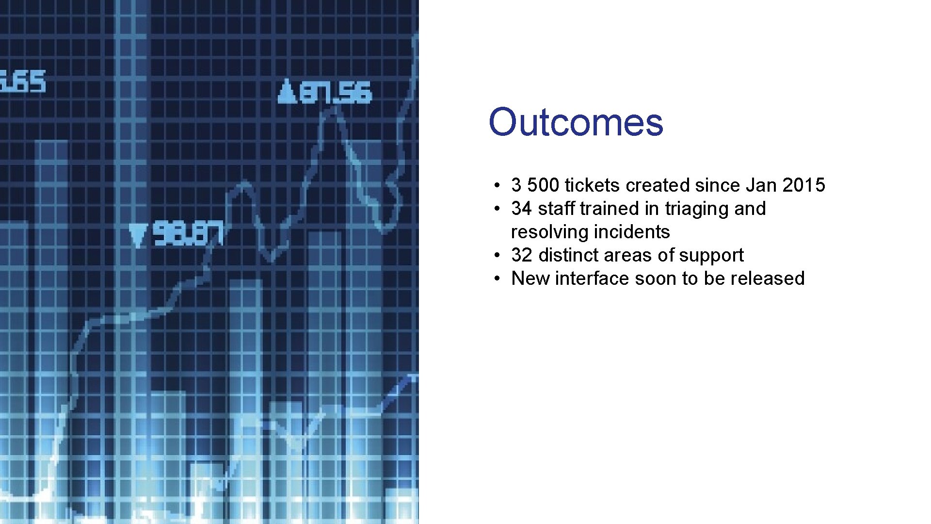 Outcomes • 3 500 tickets created since Jan 2015 • 34 staff trained in