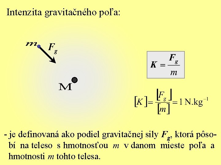 Intenzita gravitačného poľa: - je definovaná ako podiel gravitačnej sily Fg, ktorá pôsobí na