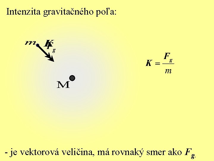Intenzita gravitačného poľa: - je vektorová veličina, má rovnaký smer ako Fg. 