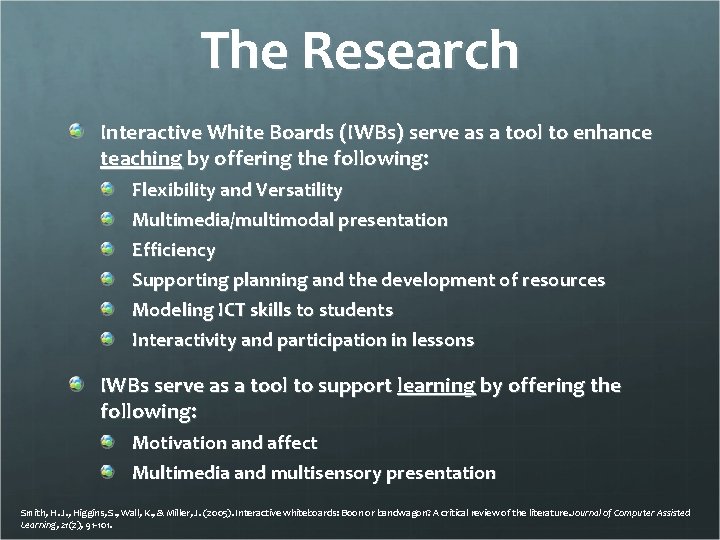 The Research Interactive White Boards (IWBs) serve as a tool to enhance teaching by