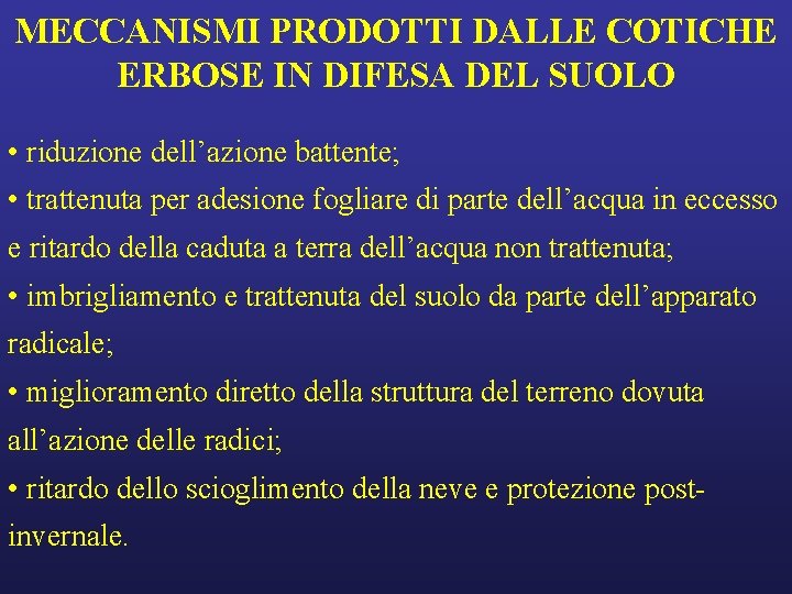 MECCANISMI PRODOTTI DALLE COTICHE ERBOSE IN DIFESA DEL SUOLO • riduzione dell’azione battente; •