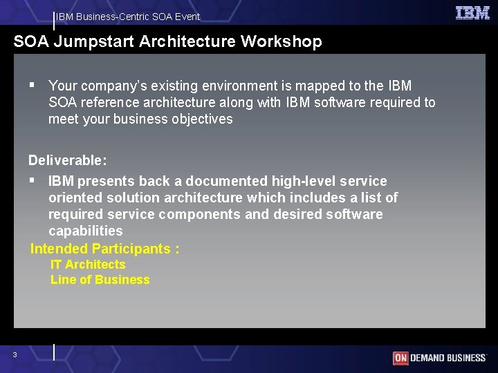 IBM Business-Centric SOA Event SOA Jumpstart Architecture Workshop § Your company’s existing environment is