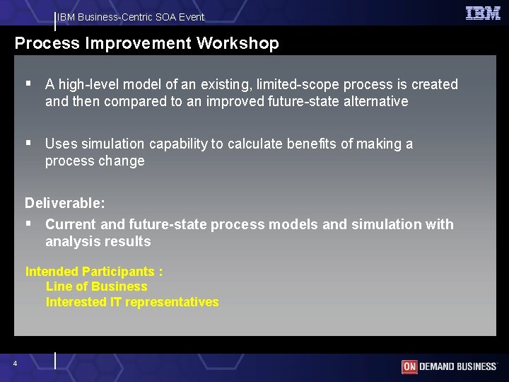 IBM Business-Centric SOA Event Process Improvement Workshop § A high-level model of an existing,