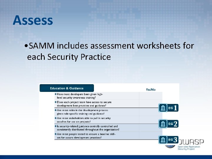 Assess • SAMM includes assessment worksheets for each Security Practice 