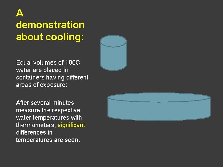 A demonstration about cooling: Equal volumes of 100 C water are placed in containers