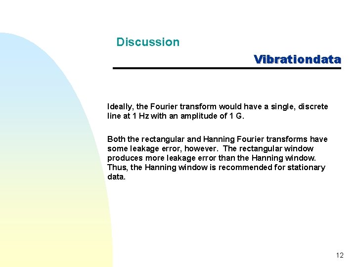 Discussion Vibrationdata Ideally, the Fourier transform would have a single, discrete line at 1