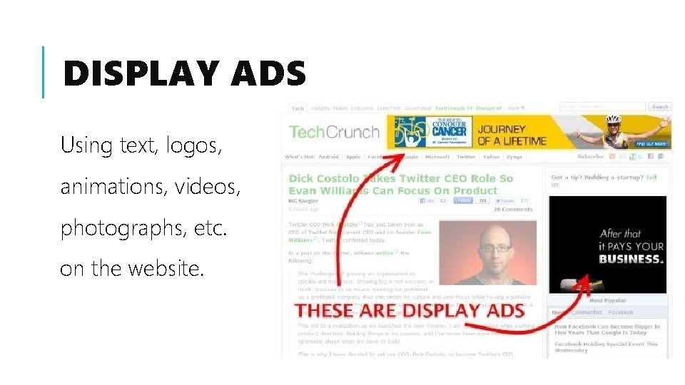 DISPLAY ADS Using text, logos, animations, videos, photographs, etc. on the website. 