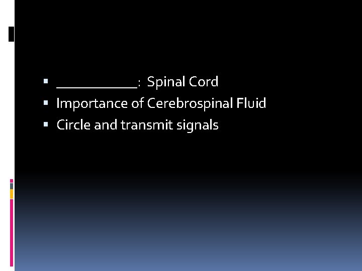  ______: Spinal Cord Importance of Cerebrospinal Fluid Circle and transmit signals 