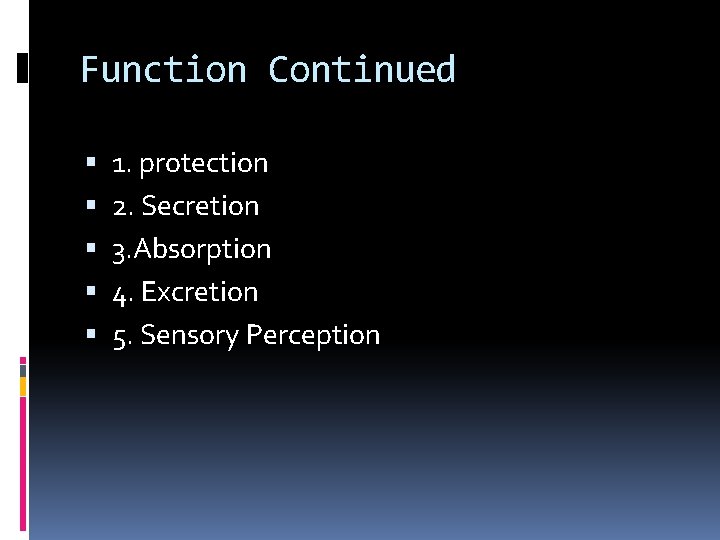 Function Continued 1. protection 2. Secretion 3. Absorption 4. Excretion 5. Sensory Perception 