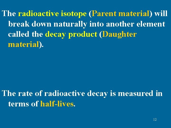 The radioactive isotope (Parent material) will break down naturally into another element called the