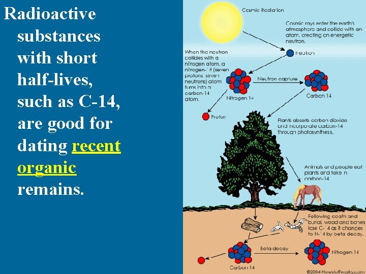 Radioactive substances with short half-lives, such as C-14, are good for dating recent organic