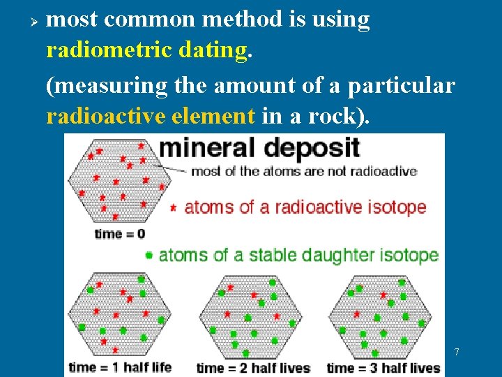 Ø most common method is using radiometric dating. (measuring the amount of a particular