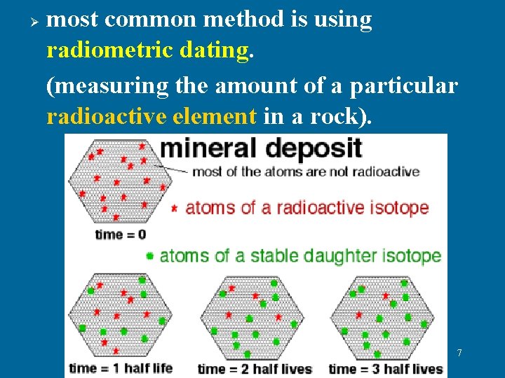 Ø most common method is using radiometric dating. (measuring the amount of a particular Ø most common method is using radiometric dating. (measuring the amount of a particular