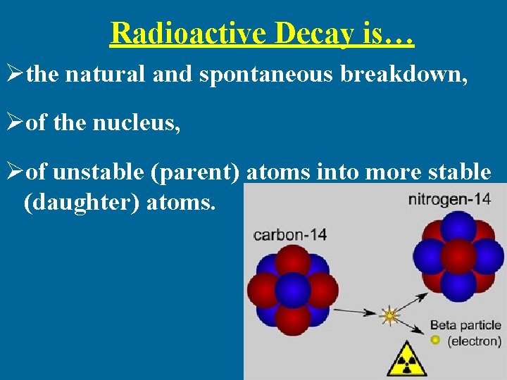 Radioactive Decay is… Øthe natural and spontaneous breakdown, Øof the nucleus, Øof unstable (parent)