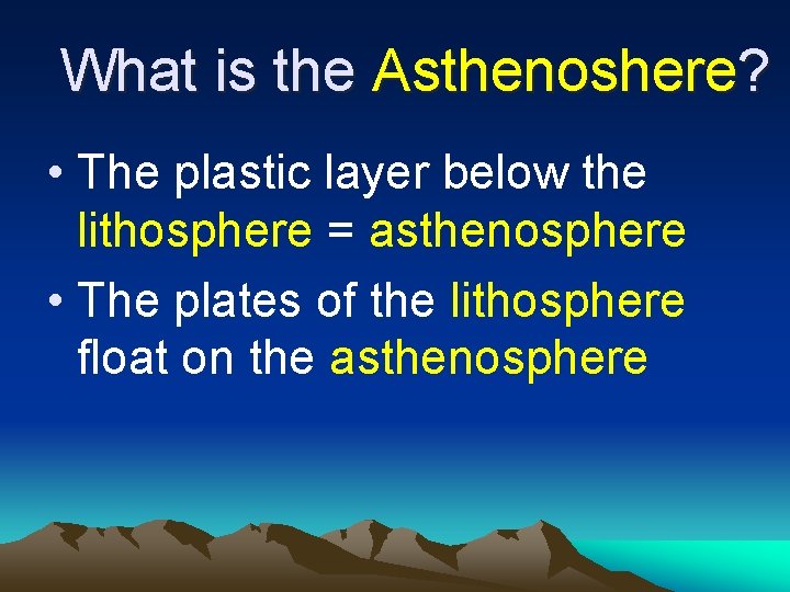 What is the Asthenoshere? • The plastic layer below the lithosphere = asthenosphere •