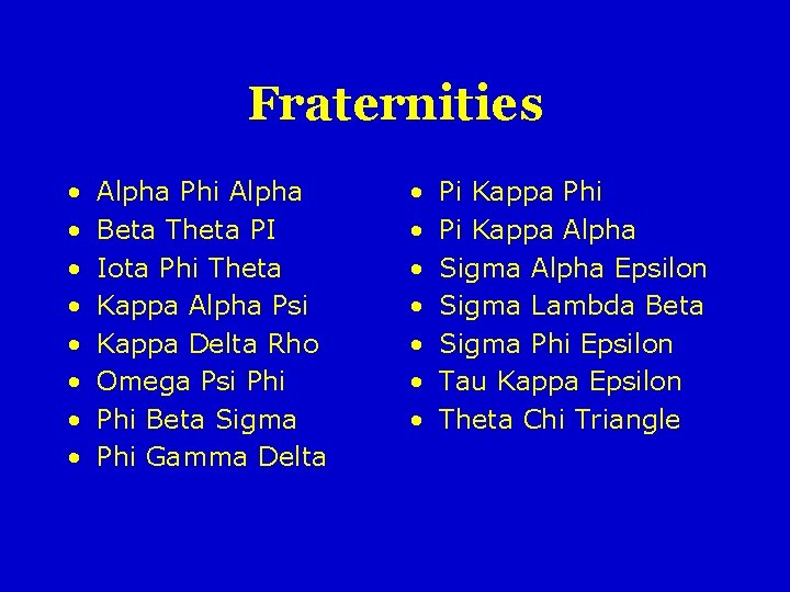 Fraternities • • Alpha Phi Alpha Beta Theta PI Iota Phi Theta Kappa Alpha