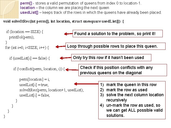 perm[] - stores a valid permutation of queens from index 0 to location-1. location