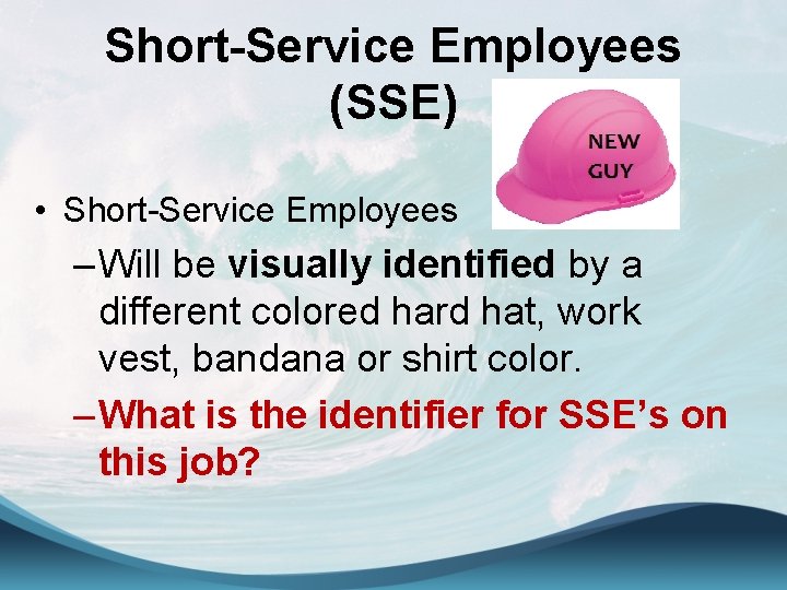 Short-Service Employees (SSE) • Short-Service Employees – Will be visually identified by a different