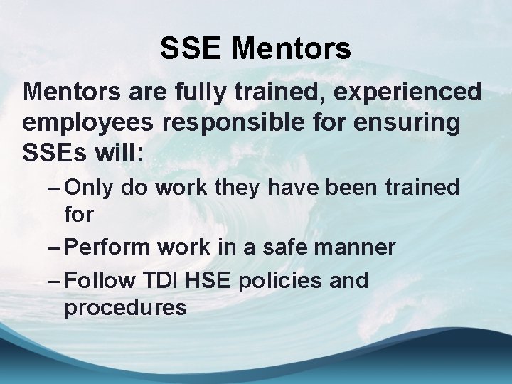 SSE Mentors are fully trained, experienced employees responsible for ensuring SSEs will: – Only