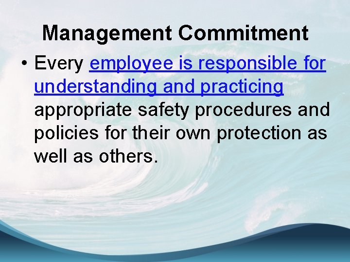 Management Commitment • Every employee is responsible for understanding and practicing appropriate safety procedures