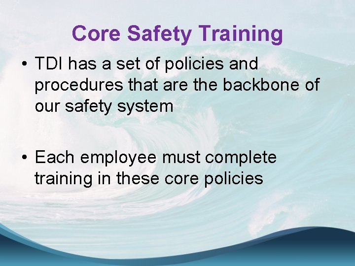 Core Safety Training • TDI has a set of policies and procedures that are