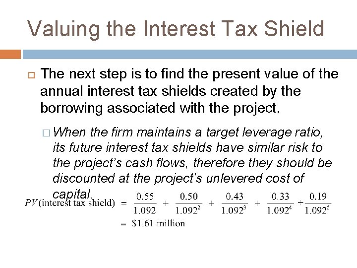 Valuing the Interest Tax Shield The next step is to find the present value