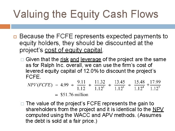 Valuing the Equity Cash Flows Because the FCFE represents expected payments to equity holders,