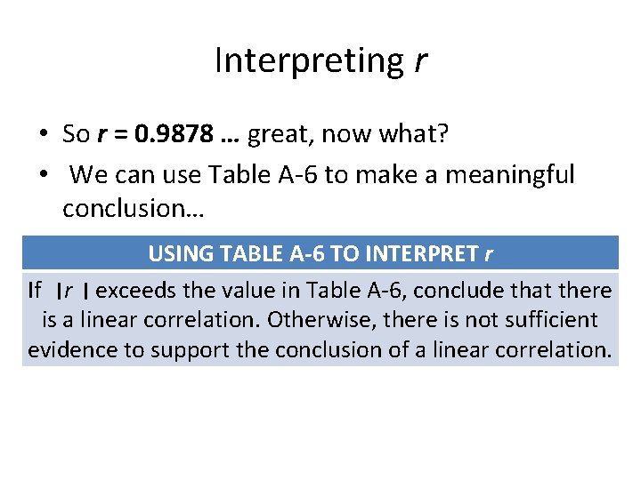 Interpreting r • So r = 0. 9878 … great, now what? • We