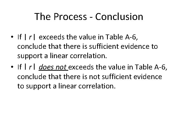 The Process - Conclusion • If r exceeds the value in Table A-6, conclude