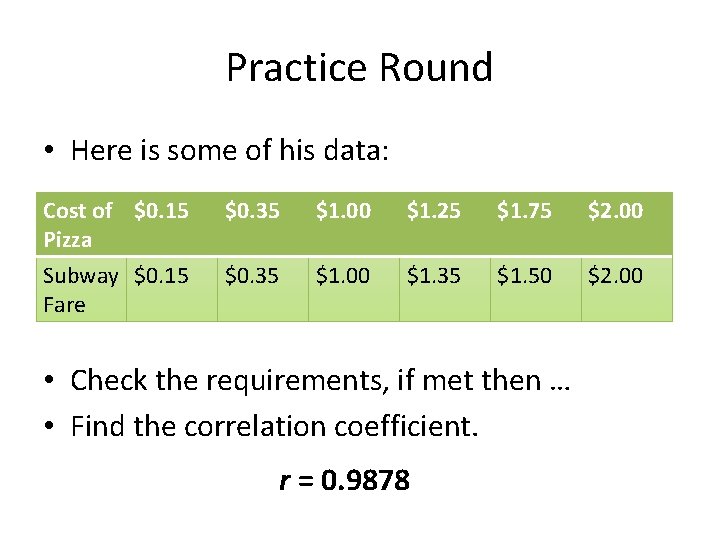 Practice Round • Here is some of his data: Cost of $0. 15 Pizza