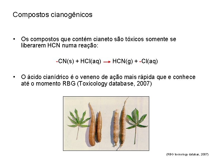 Compostos cianogênicos • Os compostos que contém cianeto são tóxicos somente se liberarem HCN