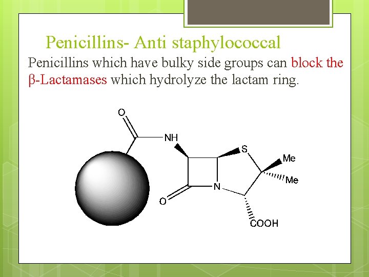 Penicillins- Anti staphylococcal Penicillins which have bulky side groups can block the β-Lactamases which