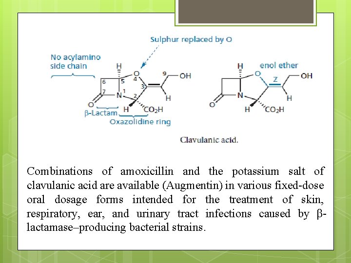 Combinations of amoxicillin and the potassium salt of clavulanic acid are available (Augmentin) in