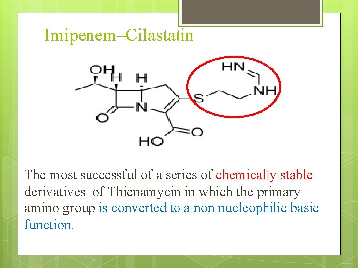 Imipenem–Cilastatin The most successful of a series of chemically stable derivatives of Thienamycin in