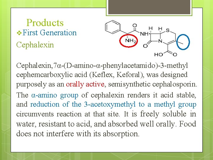 Products v First Generation Cephalexin, 7α-(D-amino-α-phenylacetamido)-3 -methyl cephemcarboxylic acid (Keflex, Keforal), was designed purposely